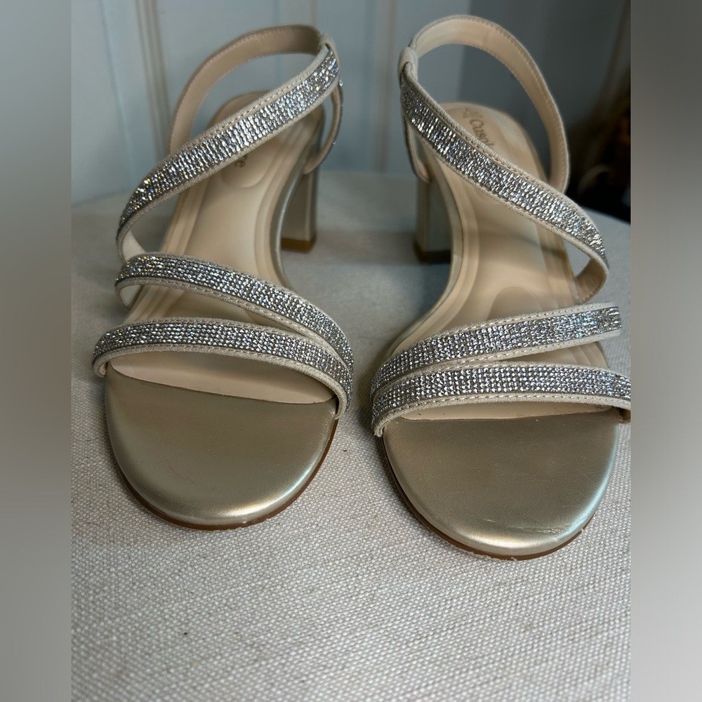 Cusolemore Sparkly Strappy Metallic Rhinestone  Glam Wedding Chunky Heel Shoes 7